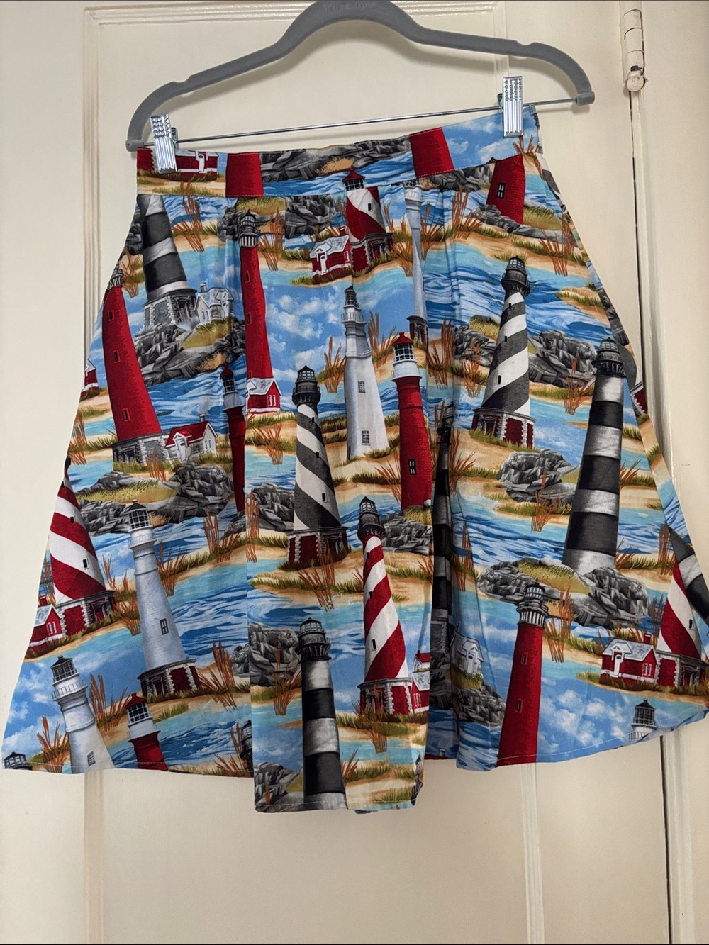 Retrolicious Nautical Lighthouse Circle Skirt in Blue, Red, Black & White